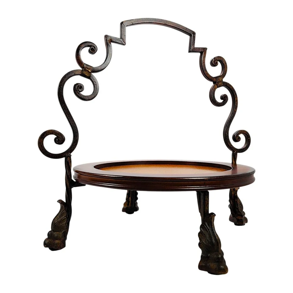 Vintage Wood Round Centerpiece Tray with Metal Handle